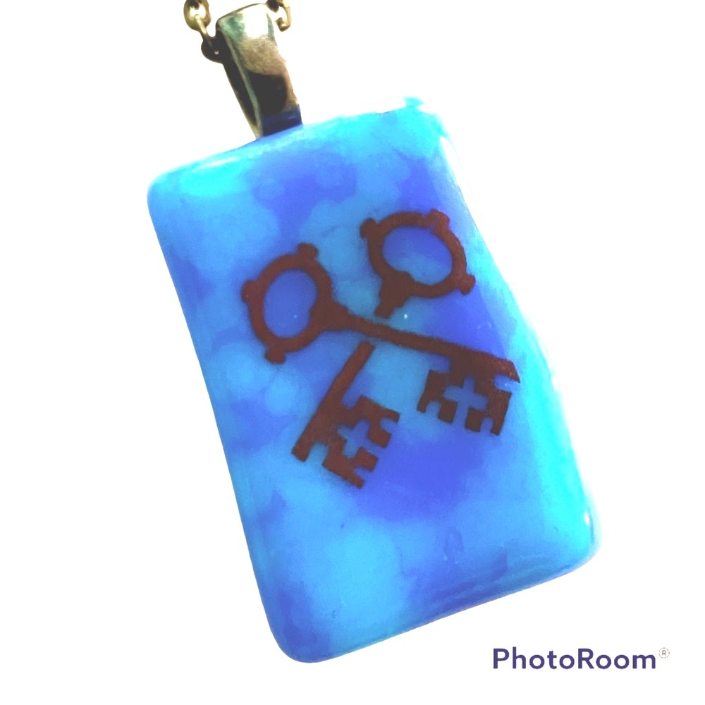 Skeleton Key Necklace Pendant Blue Art Glass chain Crosskeys